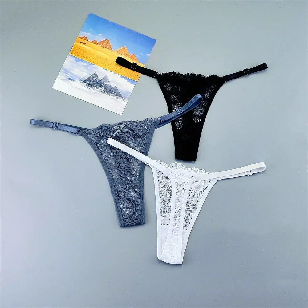 3PCS Einstellbare Sexy Transparent Tanga Höschen Frauen Spitze Unterwäsche Niedrige Taille Weibliche T-zurück String Unterhose